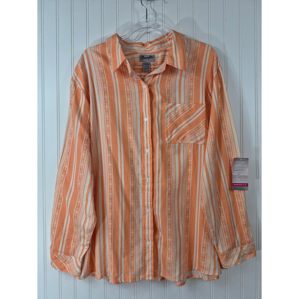 NWT Wrangler Wrancher Shirt XXL Orange White Stripe Aztec Geometric Cotton Ranch